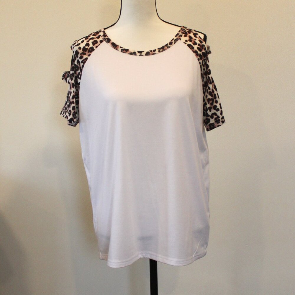 Cold Shoulder White/Animal Print Top Size Medium